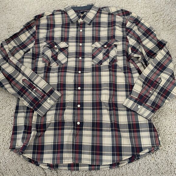 GAP Other - GAP Shirt Mens XXL Beige Blue Plaid Classic Fit Button Up Cotton Two Pockets